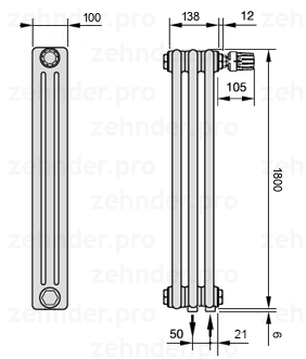 Схема (чертеж) Радиатор Zehnder Charleston 3180/3 №V002 Белый глянцевый RAL 9016